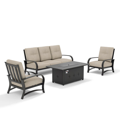 Outdoor furniture set with a sofa, two chairs, and a fire pit table