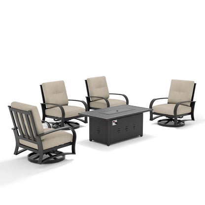 Outdoor patio set with four chairs and a fire pit table