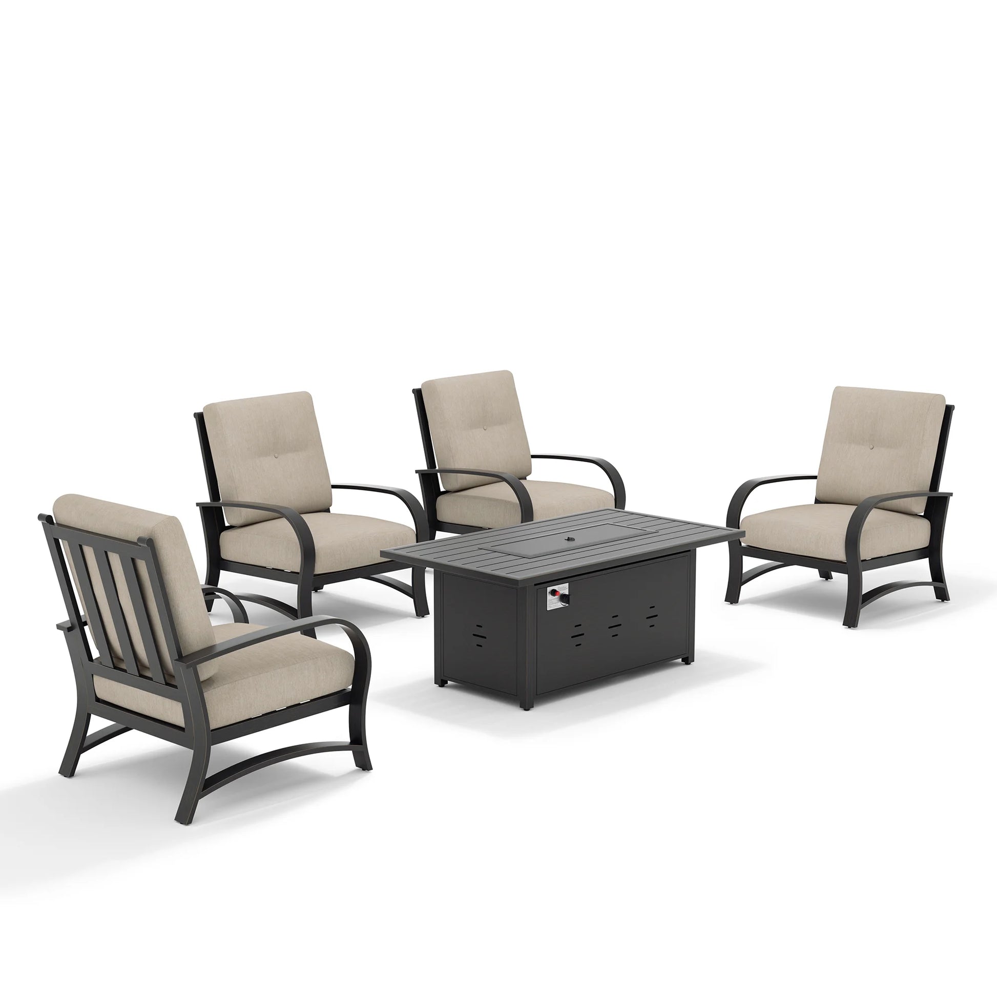 Outdoor furniture set with four chairs and a fire pit table