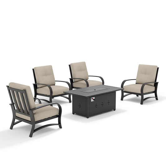 Outdoor furniture set with four chairs and a fire pit table