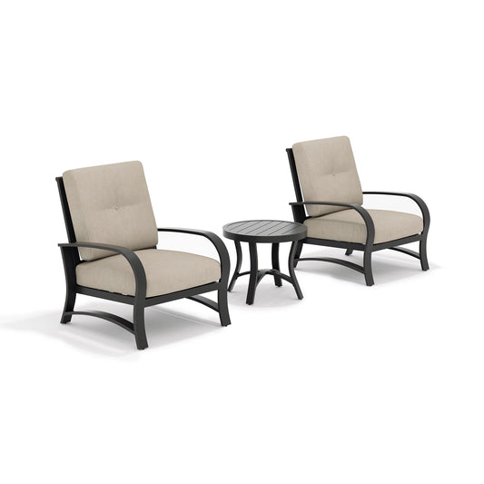 Two patio chairs with beige cushions and a round side table