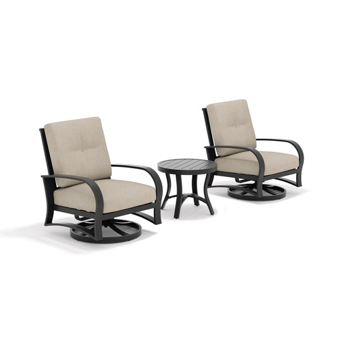 Two swivel chairs with beige cushions and a round table