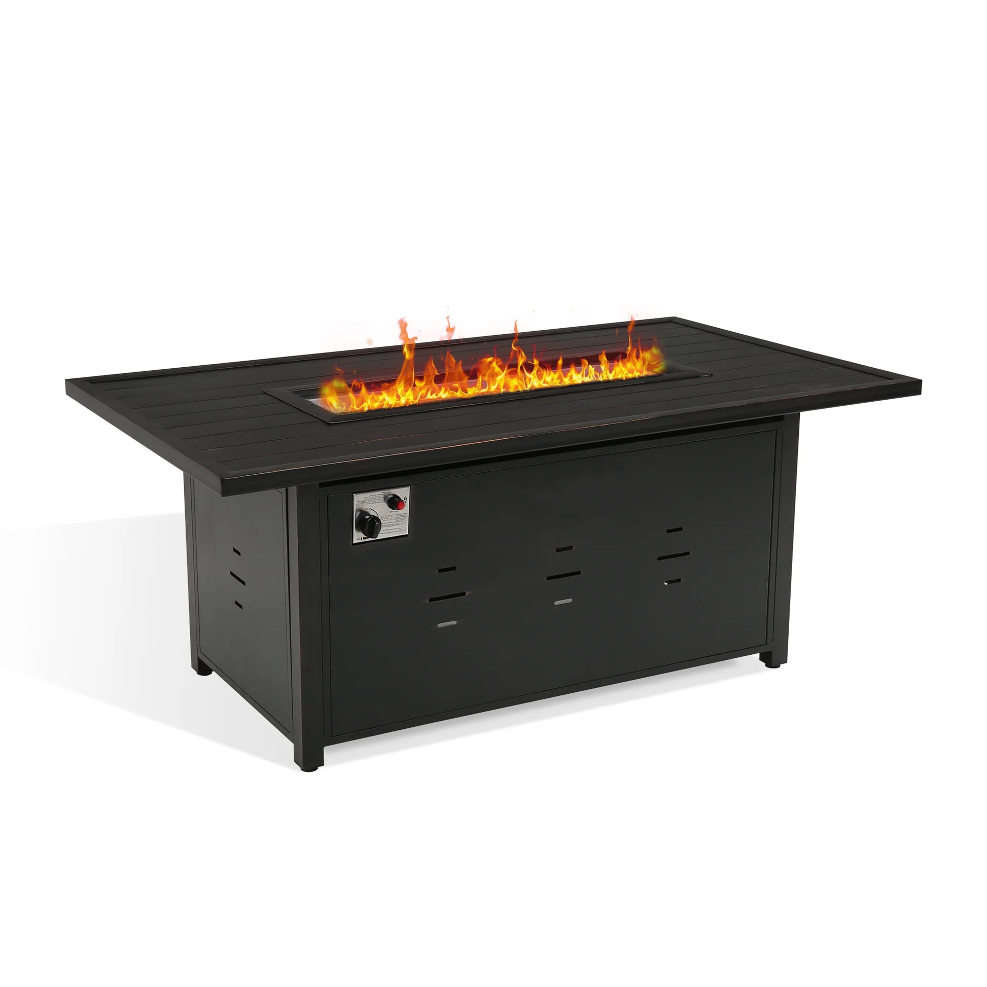 Black fire pit table with flames 