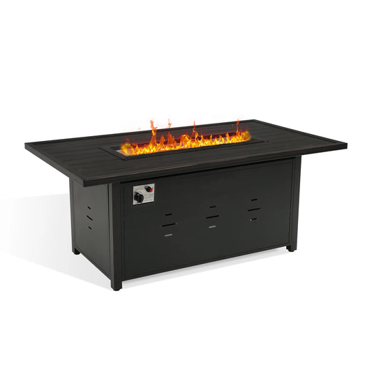 Black fire pit table with flames 