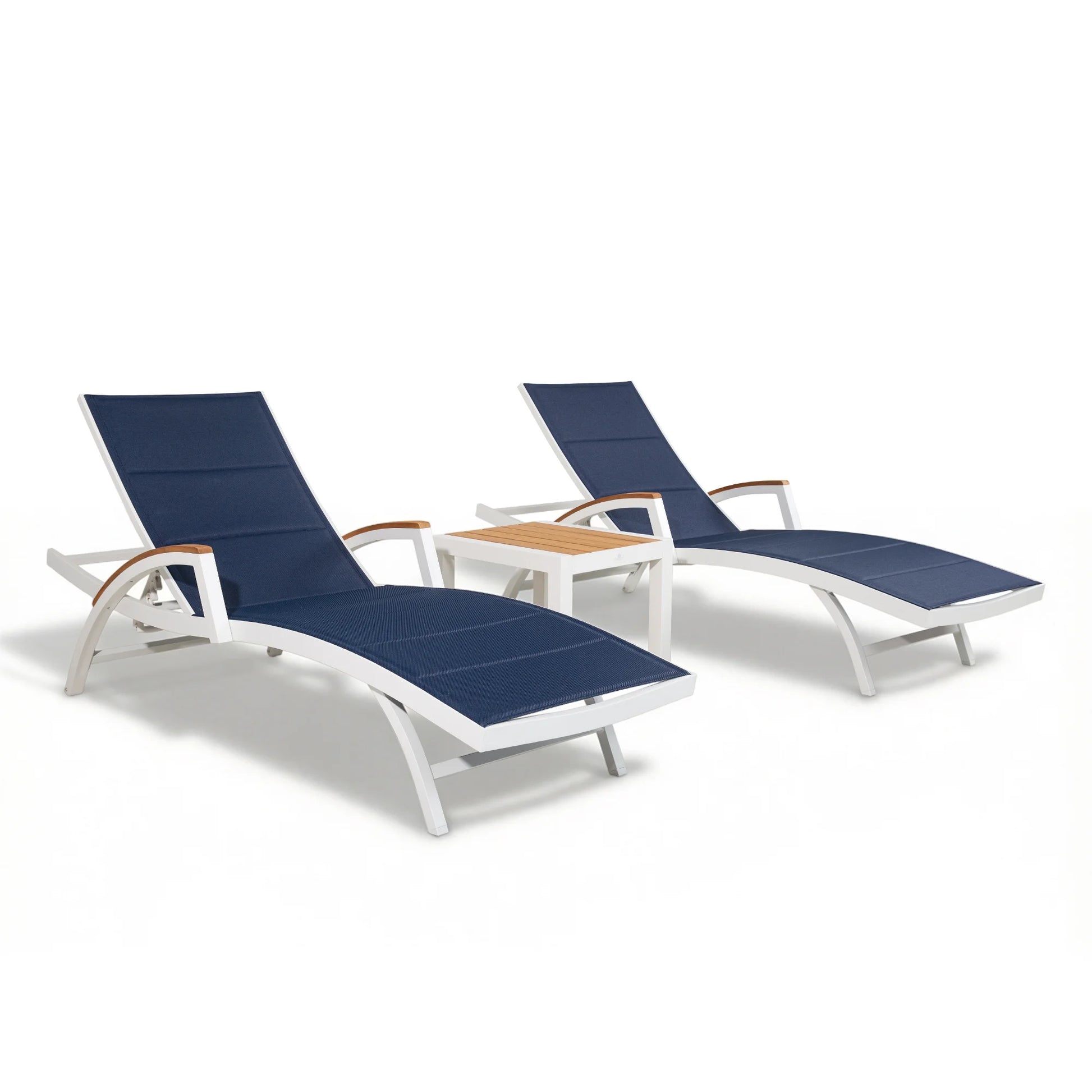 3pcs Chambray patio chaise lounge set, ergonomic S-shaped aluminum frame, Phifertex textilene sling fabric with soft quick-drying foam padding, two outdoor lounge chairs with armrest plus natural teak top side table, white background