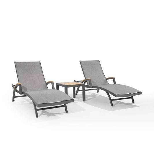 Chambray Patio Armrest Chaise Lounge Set With Phifertex®  Sling Fabric And Teak Top Side Table