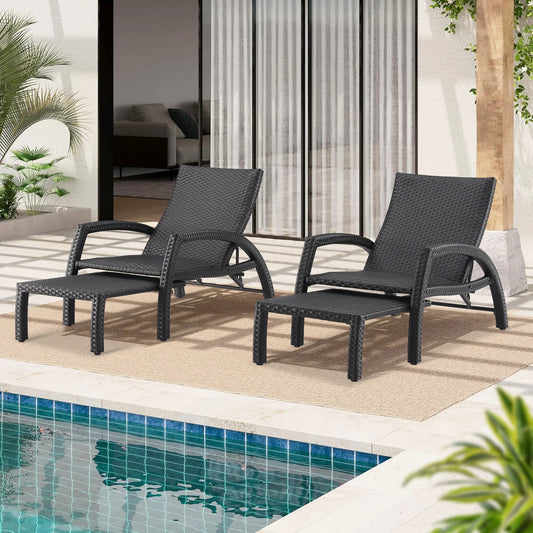 Chambray Outdoor Aluminum Woven Padded Chaise Lounge Set with Retractable Ottoman
