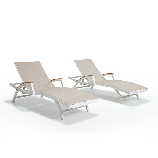 Two beige lounge chairs with white frames on a white background