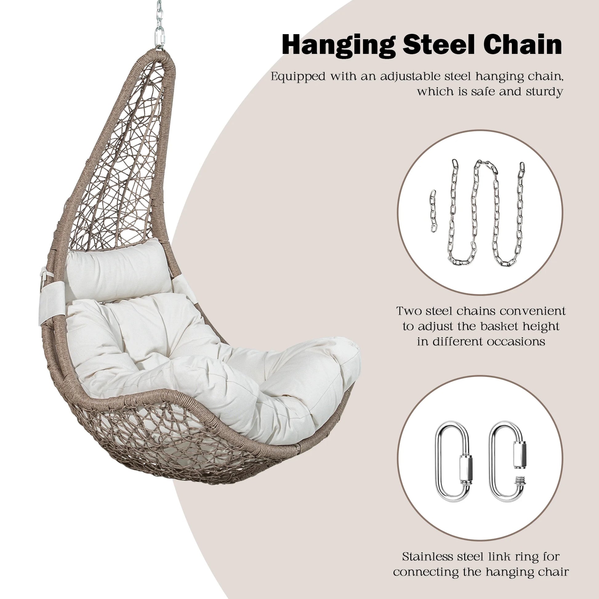 Product infographic of Peak Home Furnishings hanging egg chair showing adjustable hanging steel chains and stainless steel link rings.