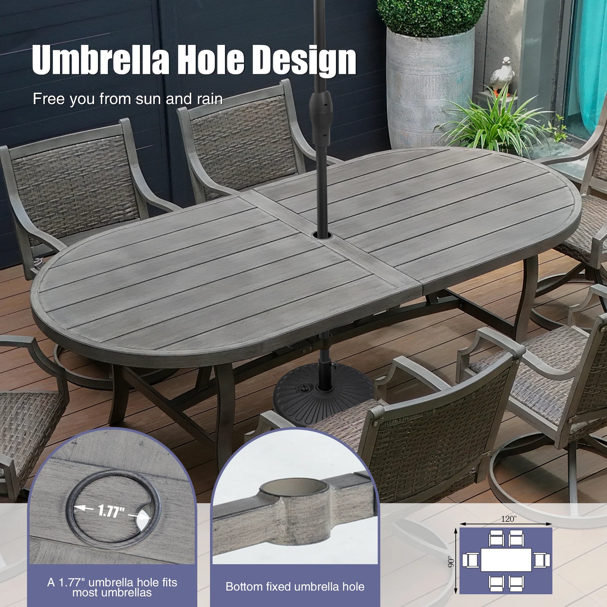Outdoor dining set with umbrella hole design on a wooden deck.