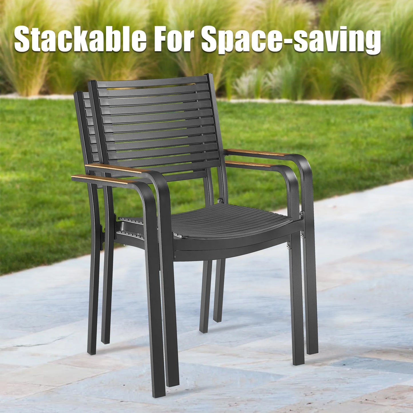 Nuova Aluminum/Teak Outdoor Dining Set With Stackable Chair