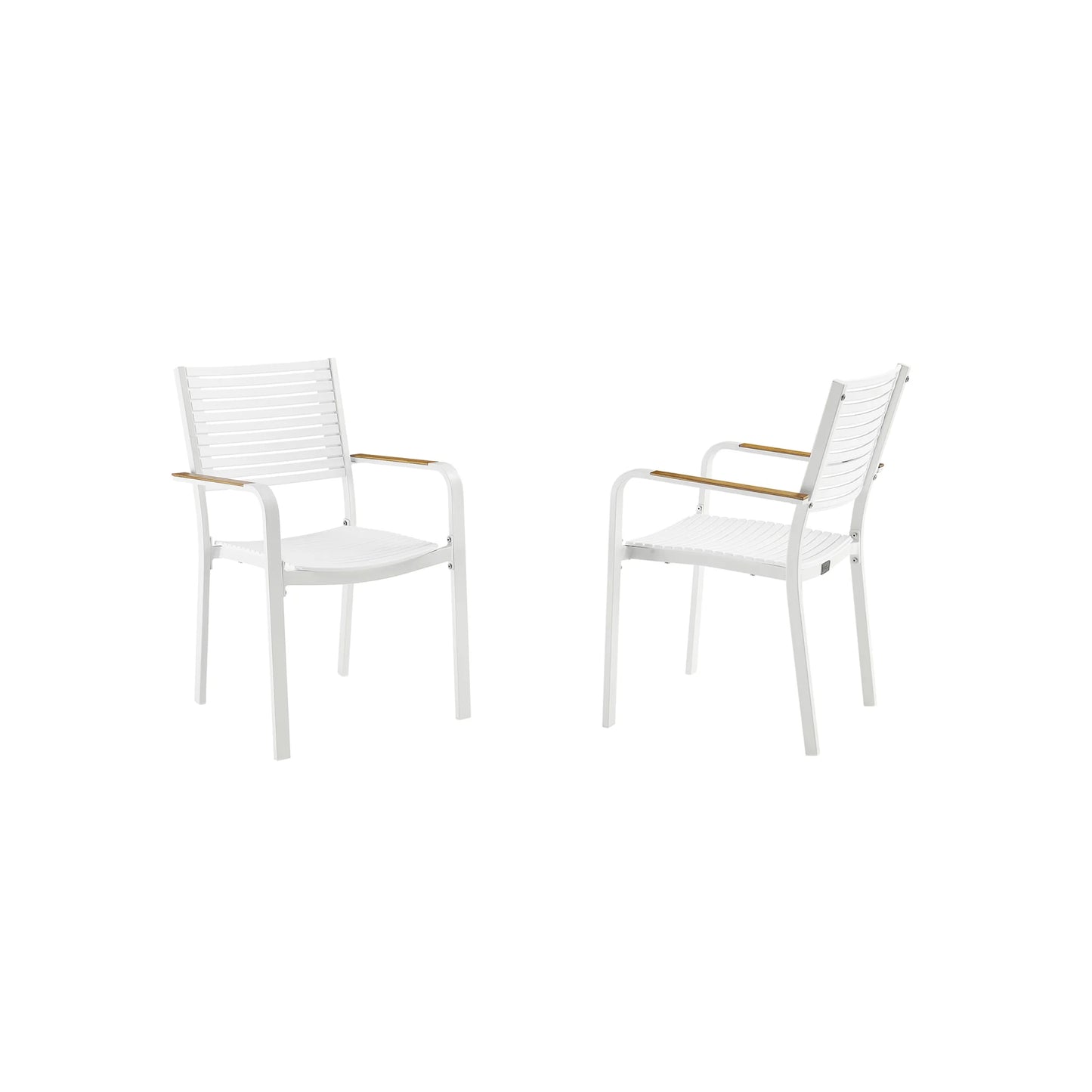 Two white chairs with teak accents 
