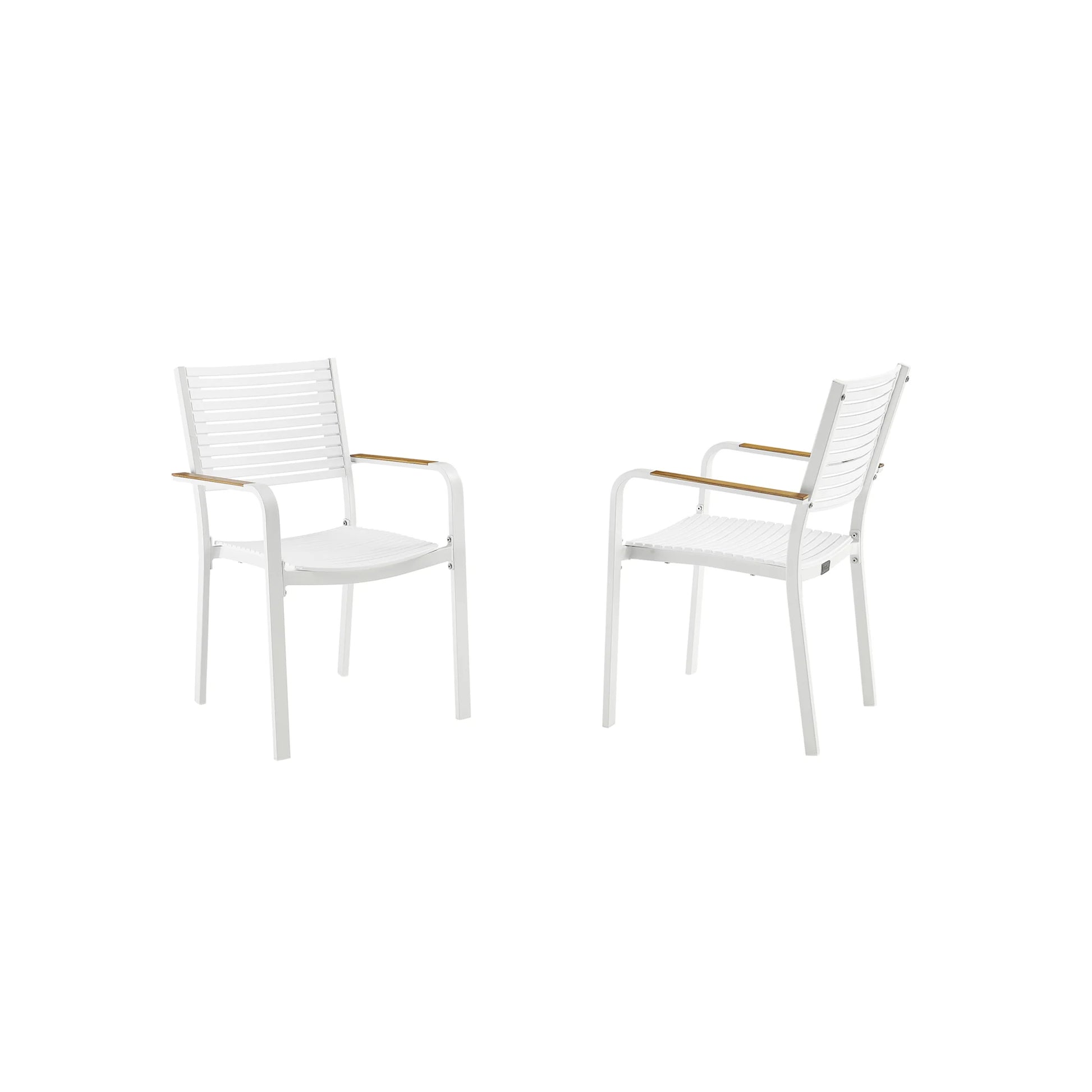 Two white chairs with teak accents 
