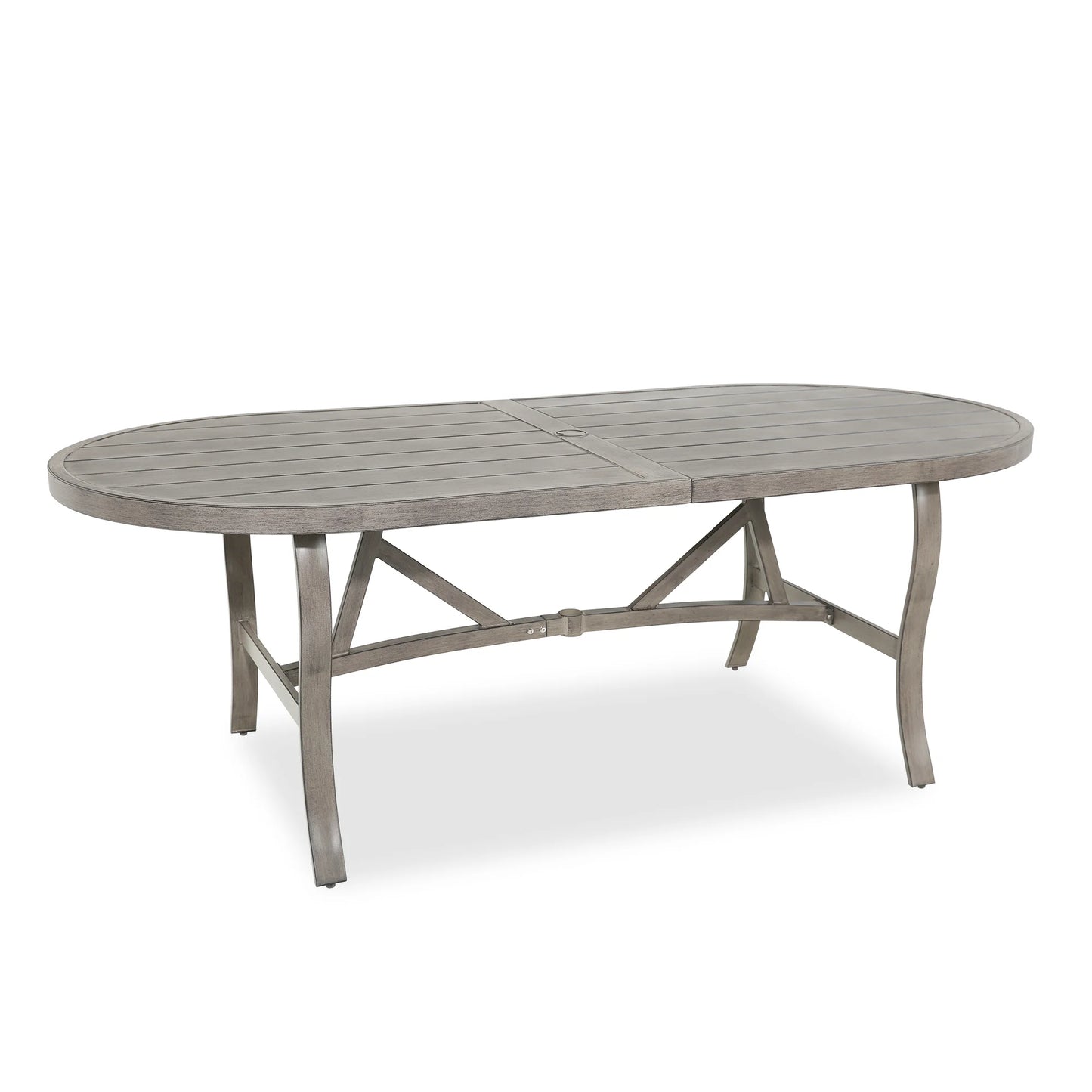 Oval outdoor dining table with a rustic finish 