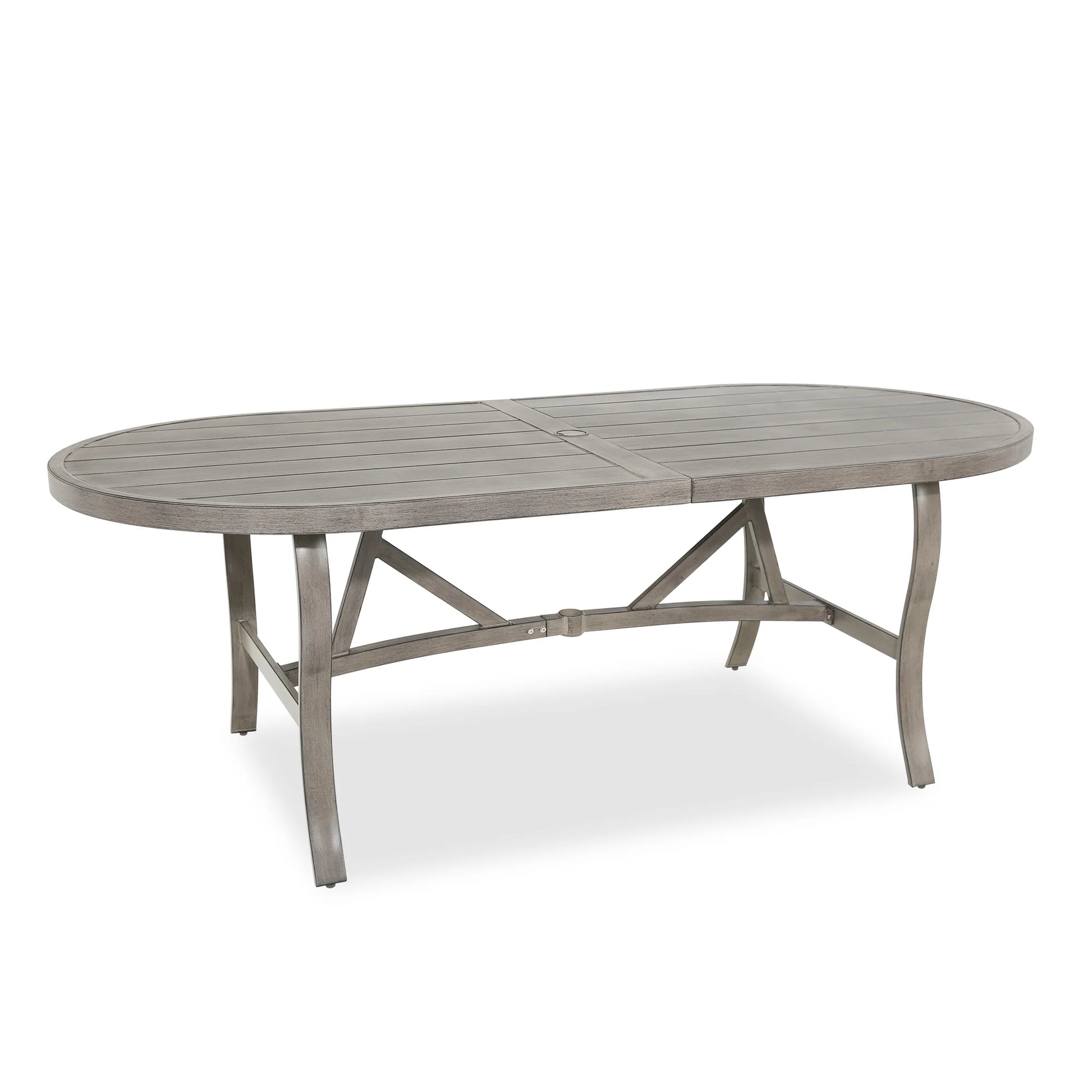 Oval outdoor dining table with a rustic finish 