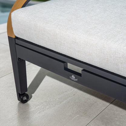 Close-up of a chair with a visible brand logo on a tiled floor.
