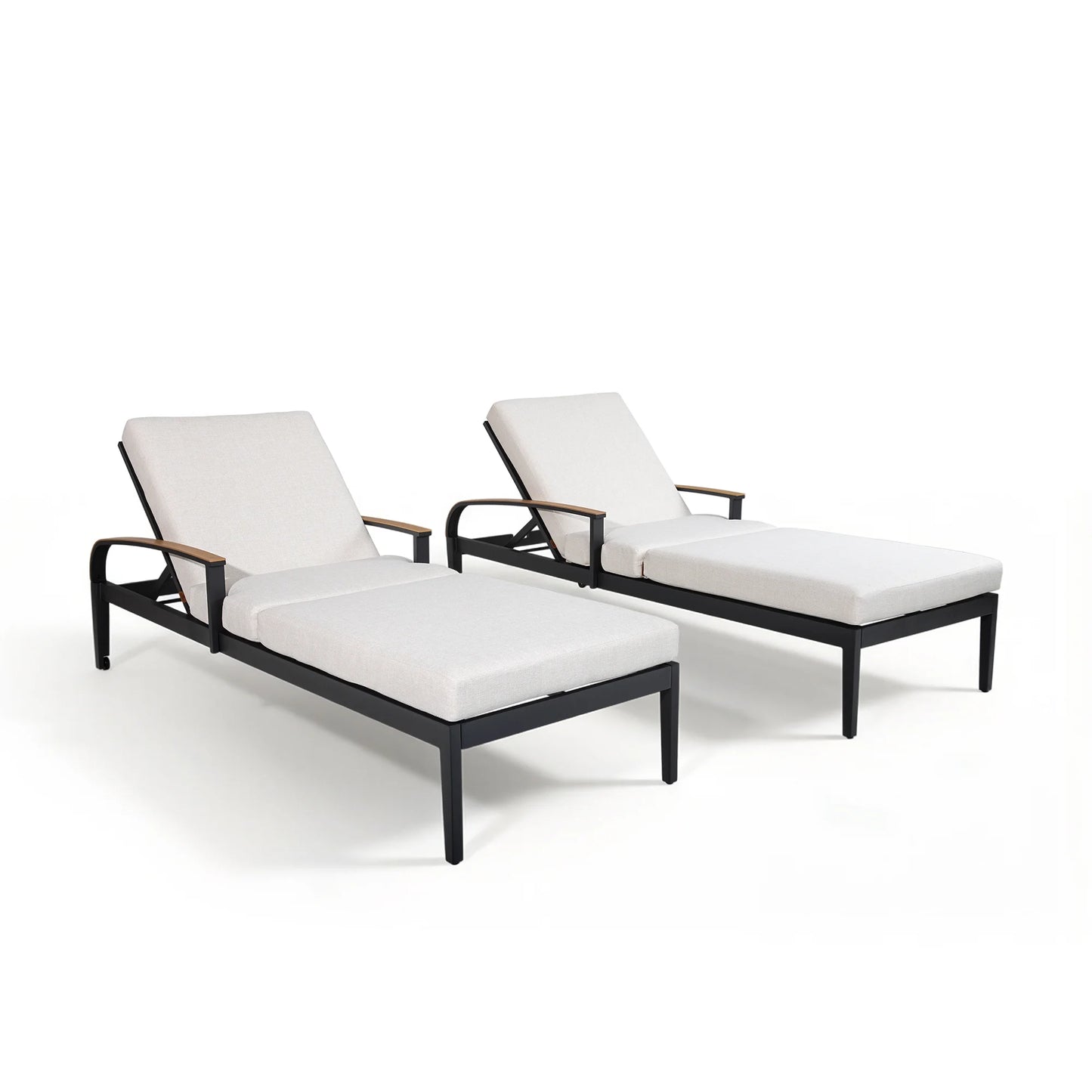 Two lounge chairs with white cushions on a white background