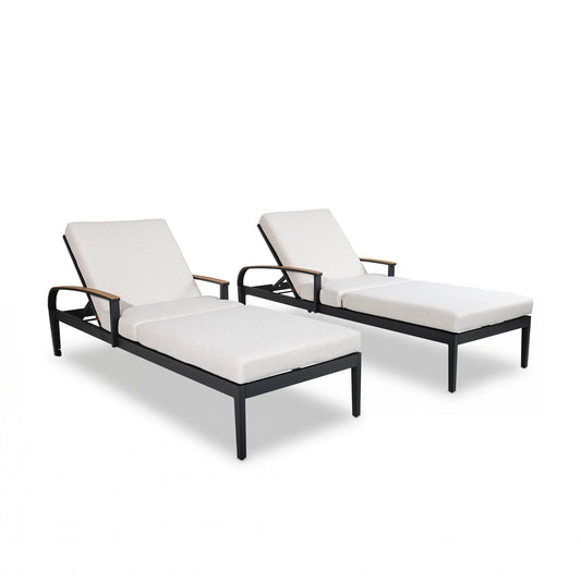 Two lounge chairs with white cushions on a white background