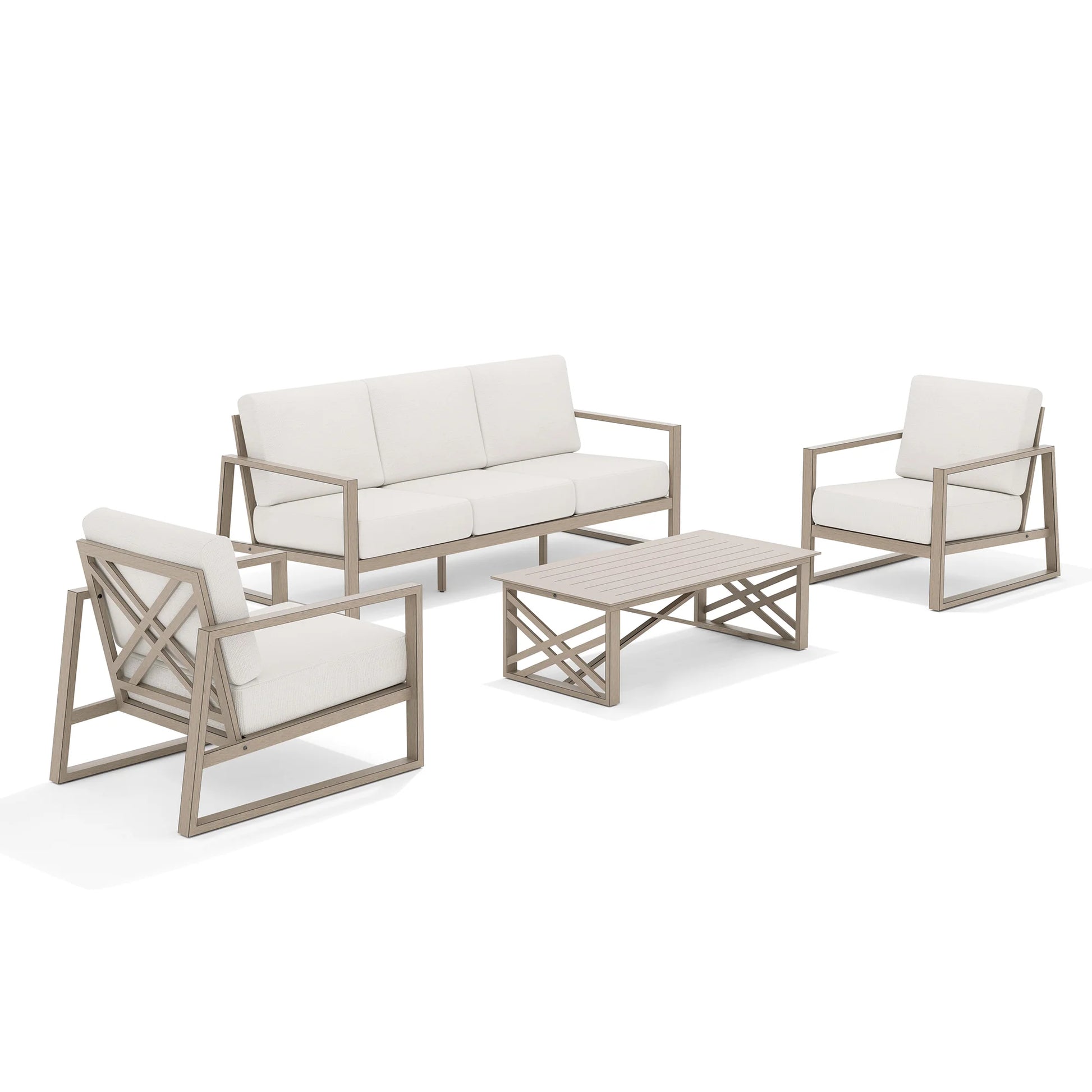 Outdoor furniture set with a sofa, two chairs, and a table 
