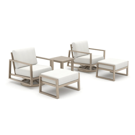 Outdoor furniture set with chairs, ottoman, and table on a white background