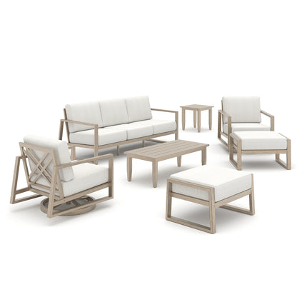 Outdoor furniture set with beige frames and white cushions on a white background