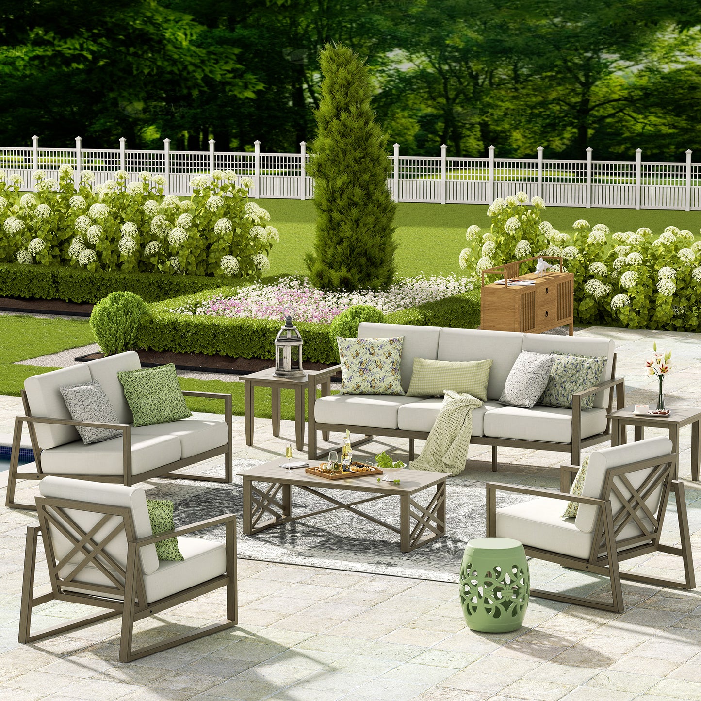Hamarto 7 Pieces Aluminum Patio Conversation Sofa Set With Olefin Cushions For 7 Person
