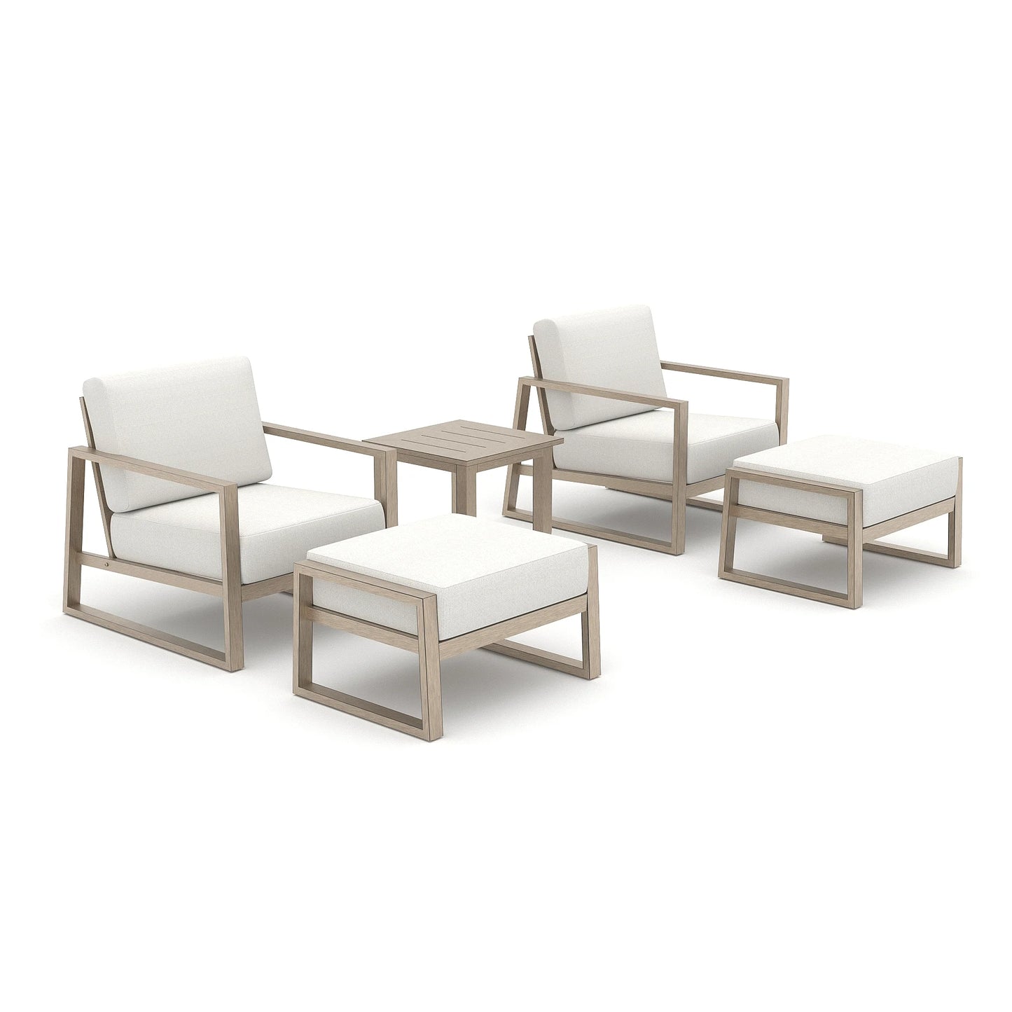 Outdoor furniture set with chairs, ottoman, and table on a white background