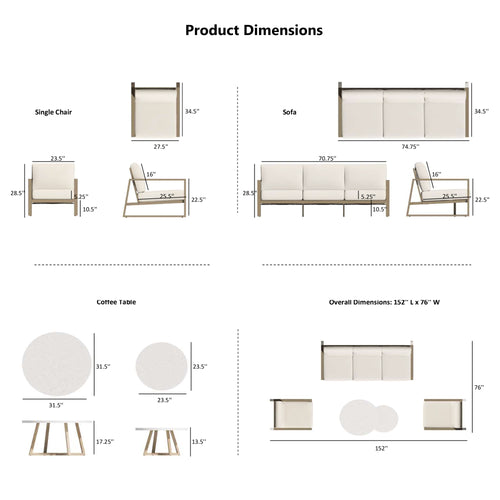 PEAKHOME Hamarto Patio Sofa Set with Fixed Chair and Concrete Coffee Table