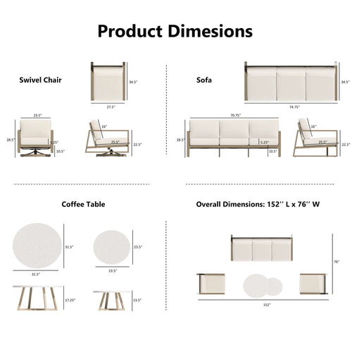 PEAKHOME Hamarto 5 Pieces Aluminum Patio Swivel Sofa Sets With Concrete Coffee Table