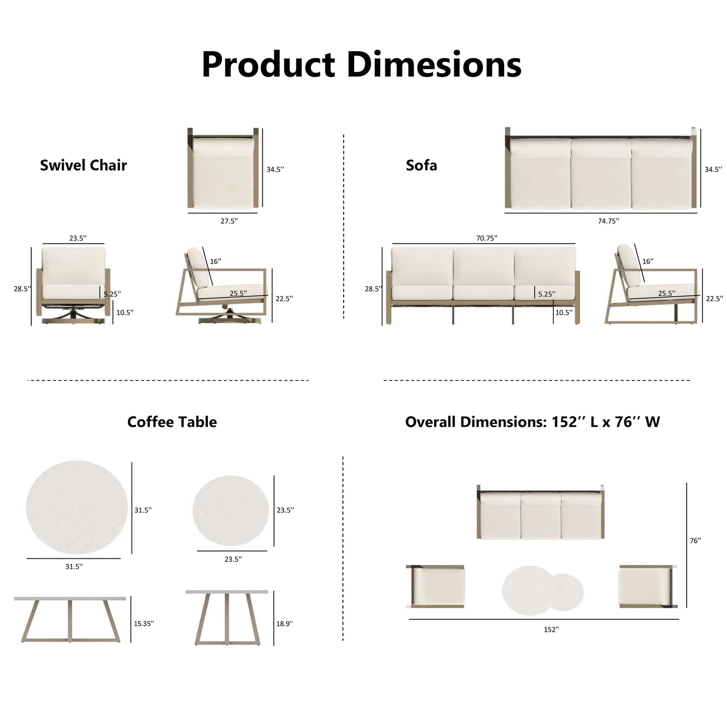 PEAKHOME Hamarto 5 Pieces Aluminum Patio Swivel Sofa Sets With Concrete Coffee Table