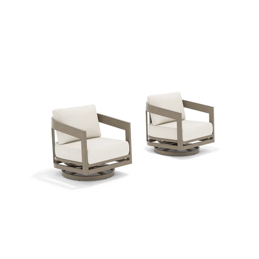 Two modern swivel chairs with light beige cushions