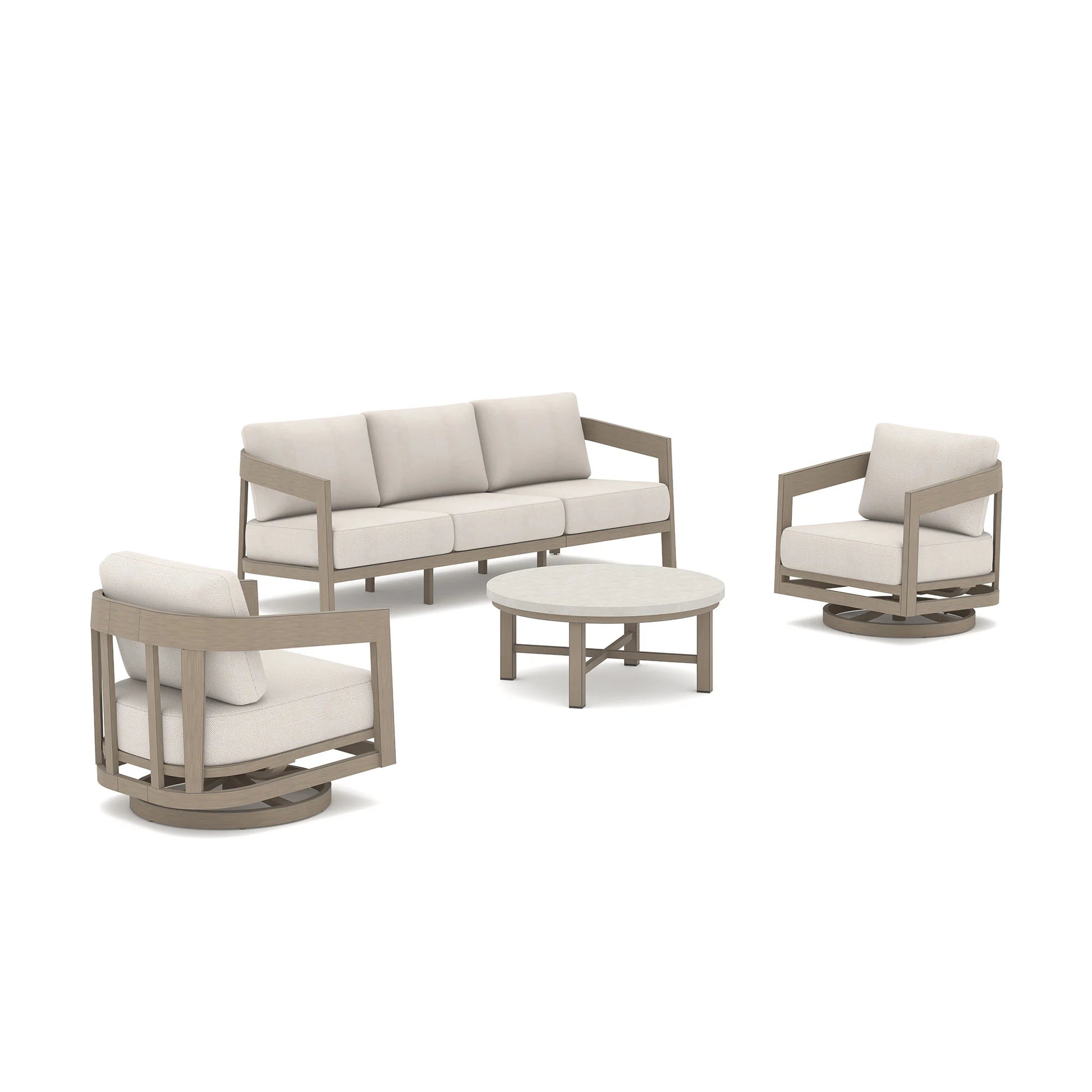 Outdoor furniture set with beige cushions on a white background