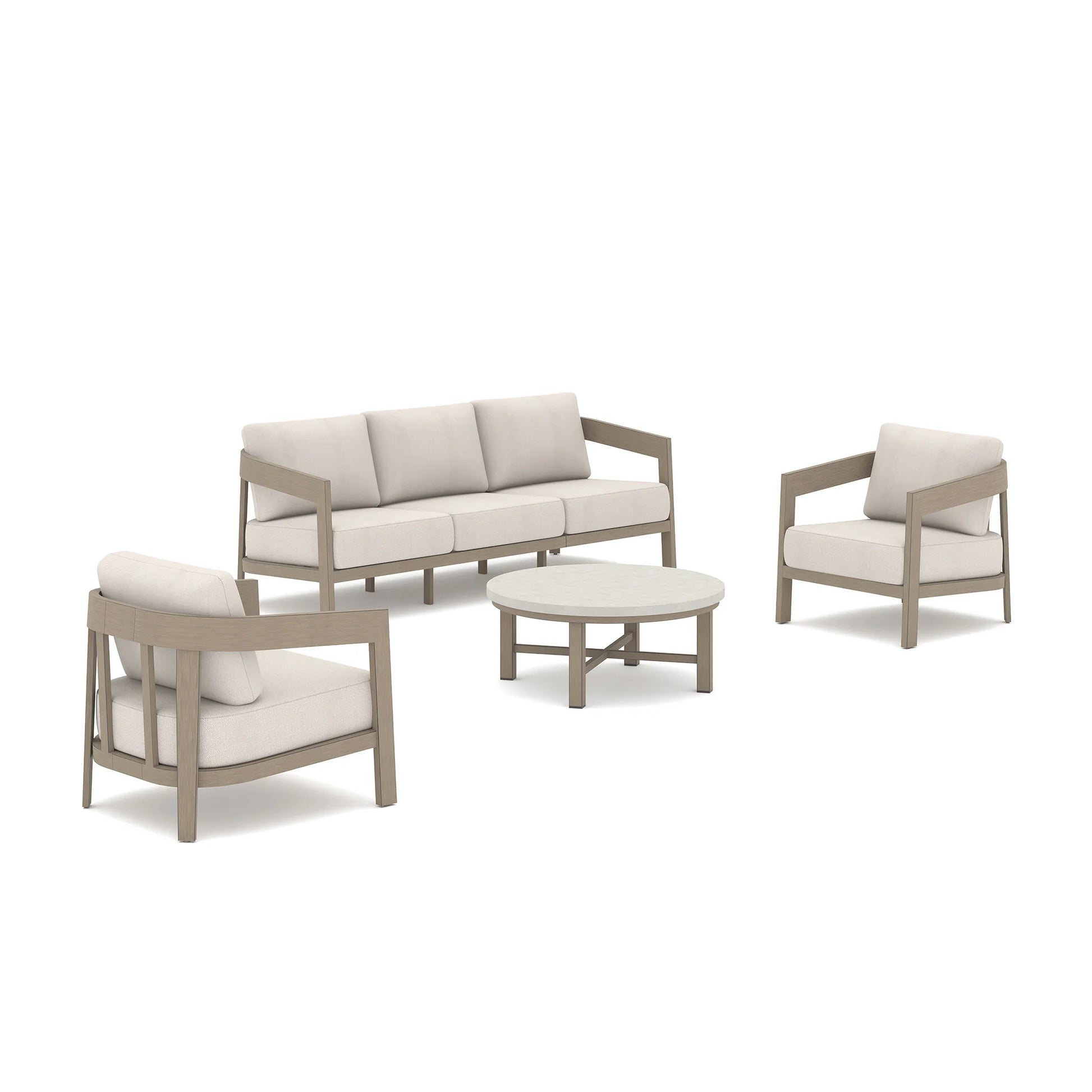 Outdoor furniture set with a sofa, two chairs, and an ottoman on a white background