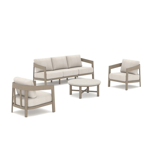 Outdoor furniture set with a sofa, two chairs, and an ottoman on a white background