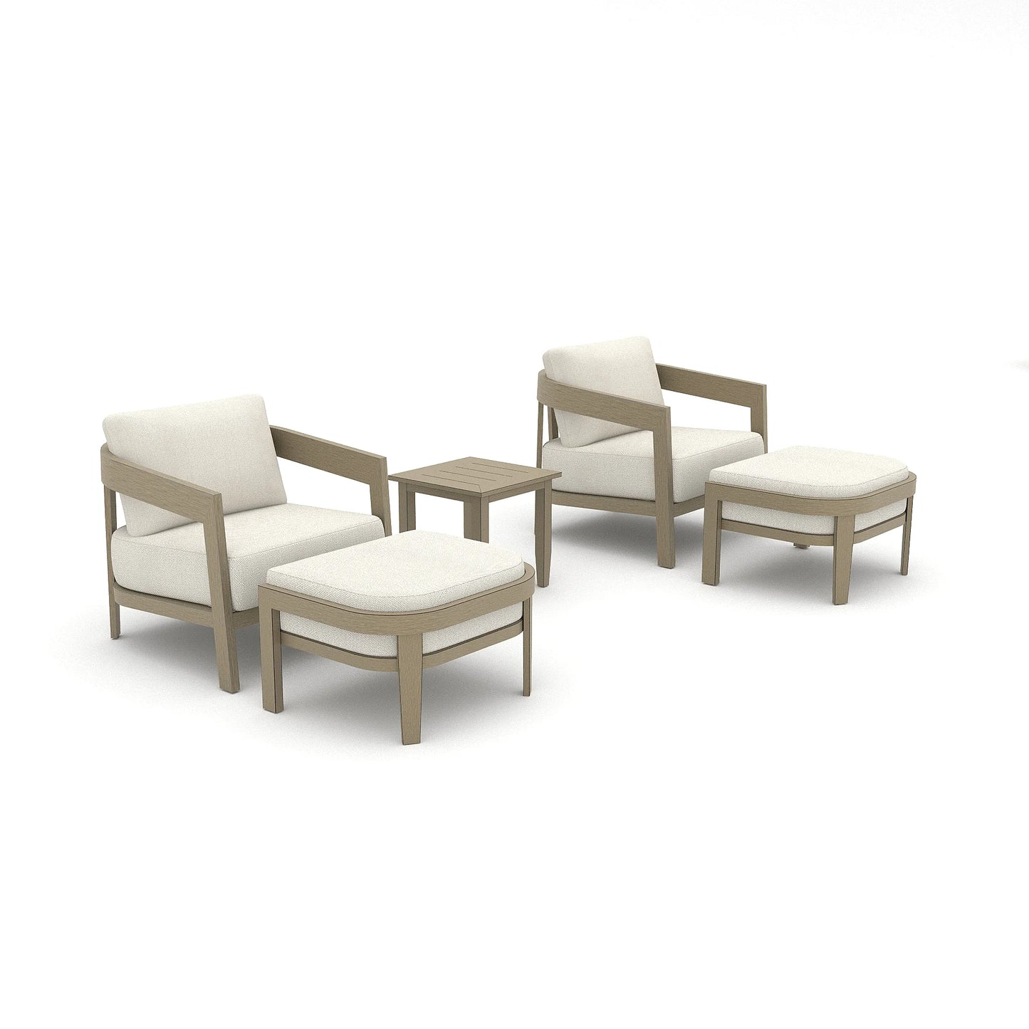 Outdoor furniture set with chairs, ottomans, and a table on a white background