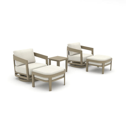 Outdoor furniture set with chairs, ottomans, and a table on a white background