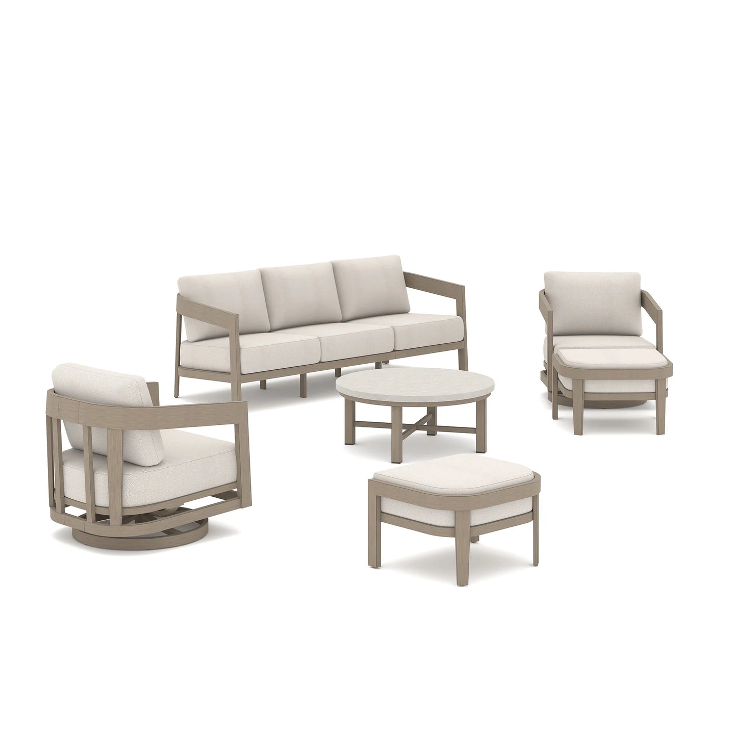 Outdoor furniture set with beige and white cushions on a white background