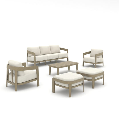 Outdoor furniture set with beige frames and white cushions on a white background