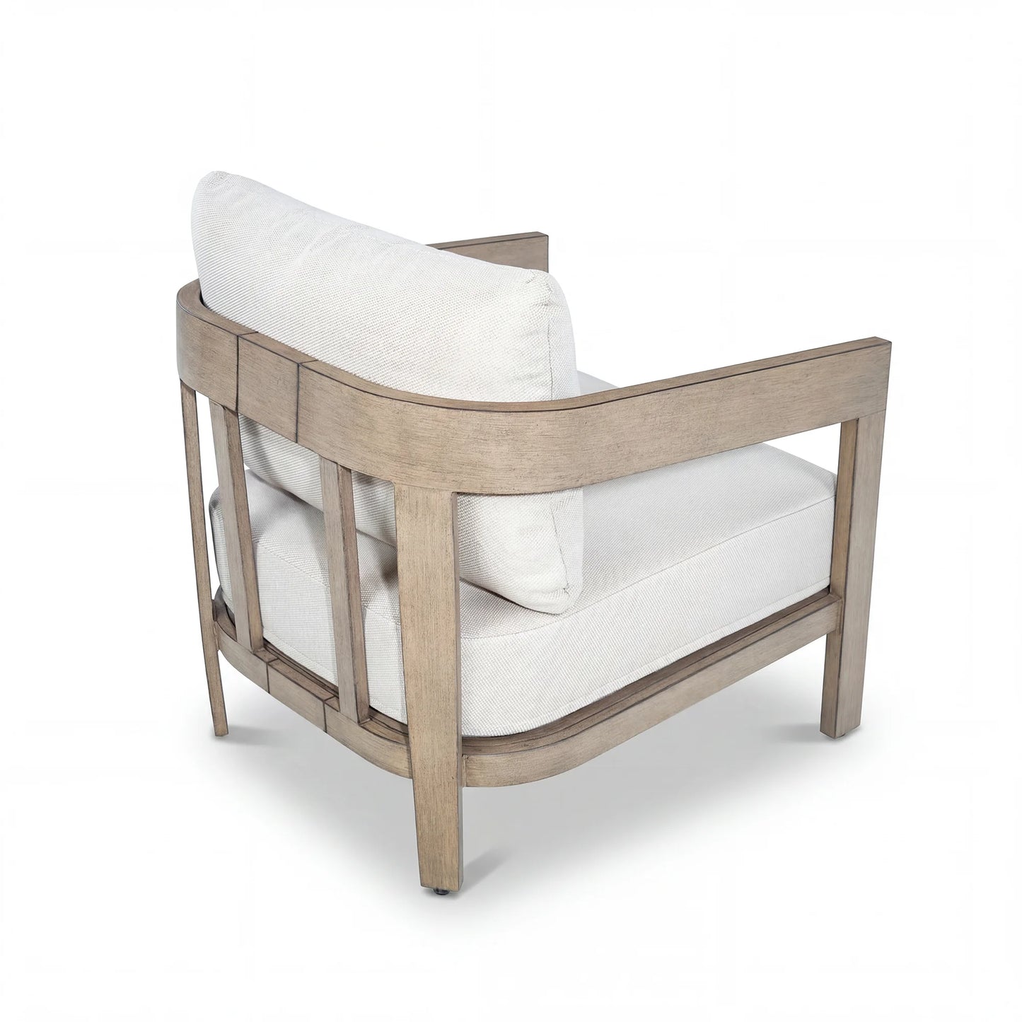 Modern chair with wooden frame and white cushions on a white background