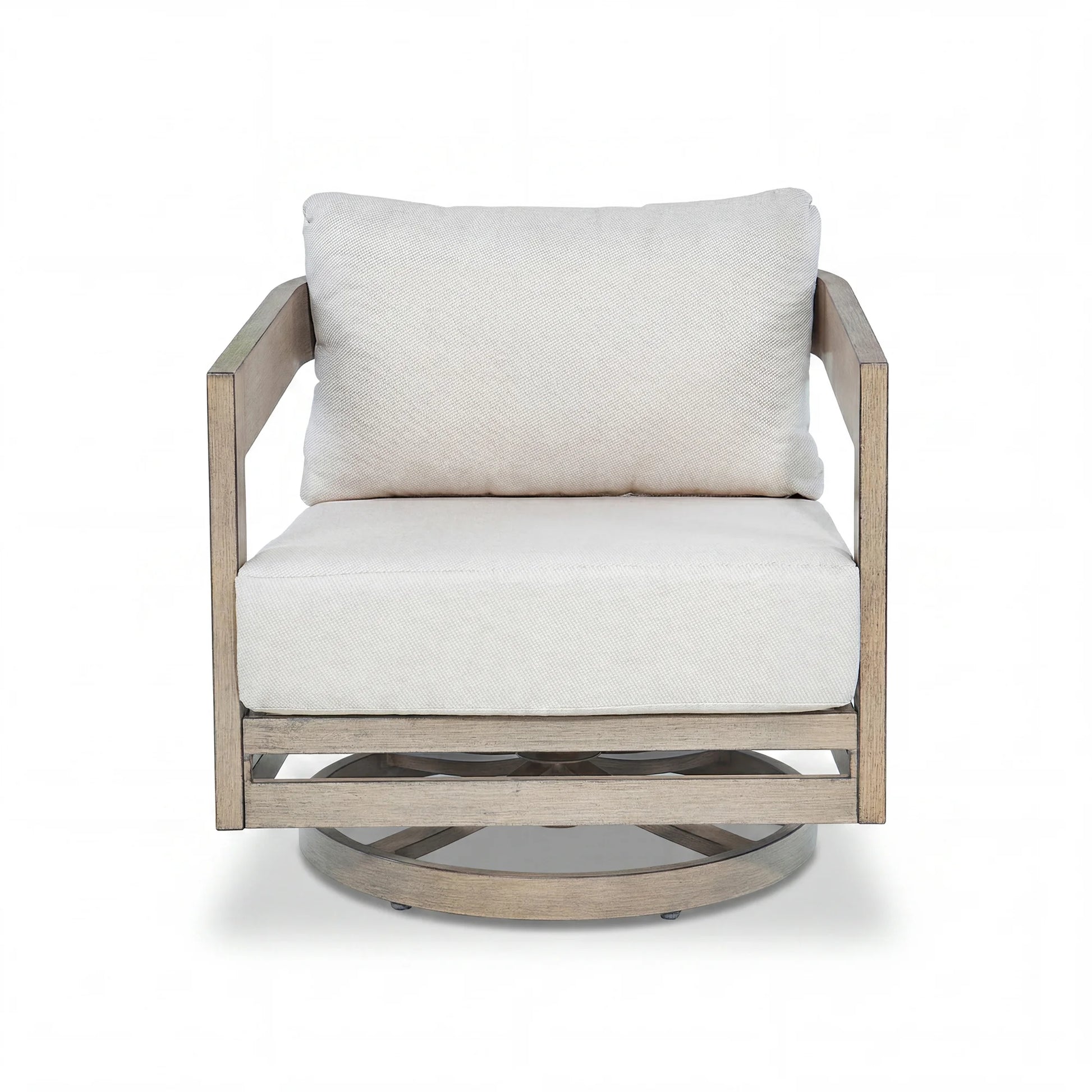 Swivel chair with beige cushion and wooden frame on a white background