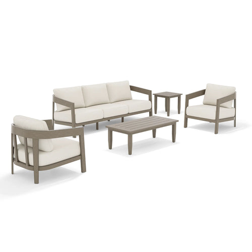 Outdoor furniture set with sofa, chairs, and table