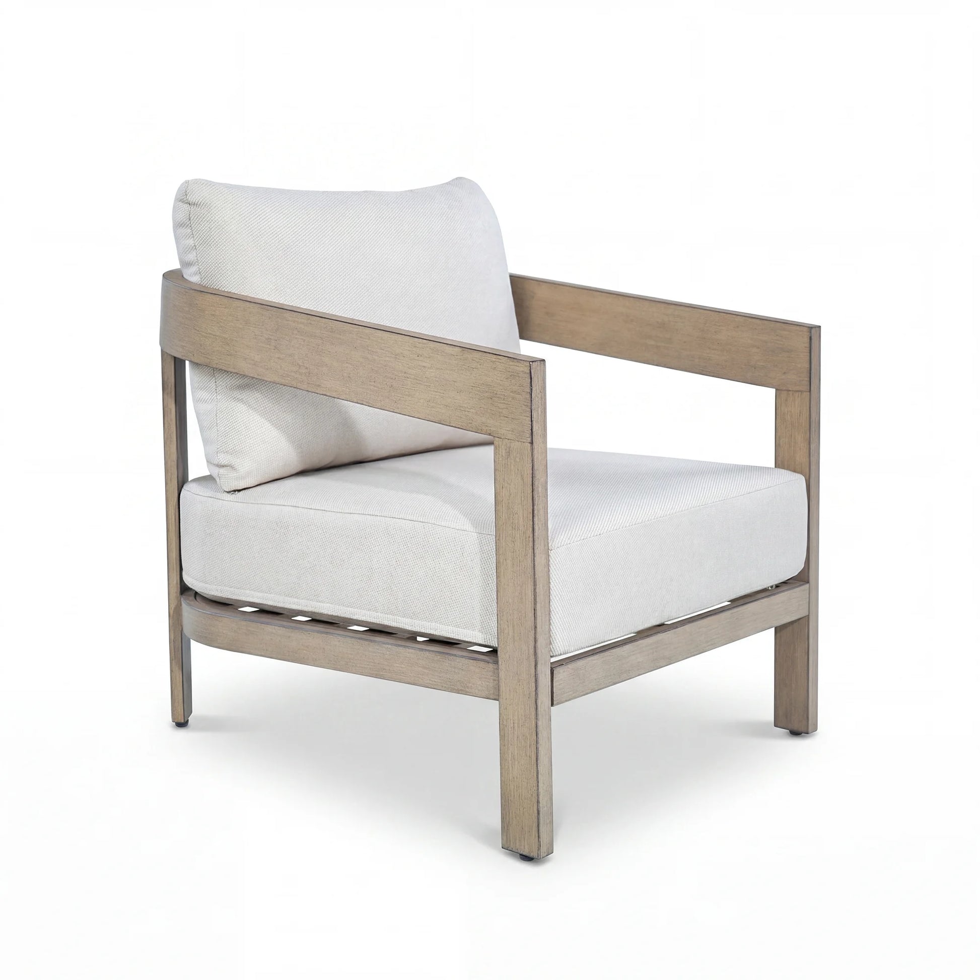 Chair with white cushions and wooden frame on a white background