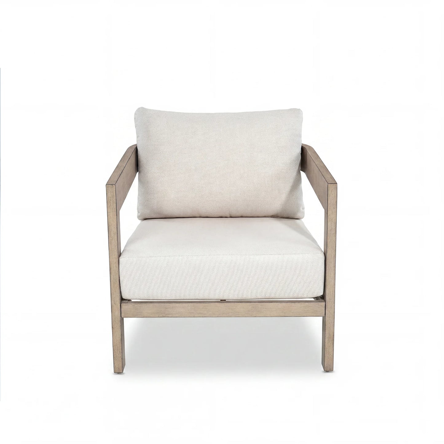 Chair with white cushion and wooden frame on a white background