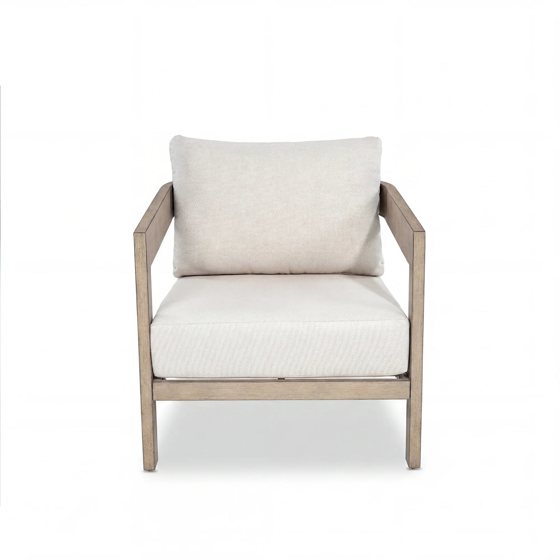 Chair with white cushion and wooden frame on a white background