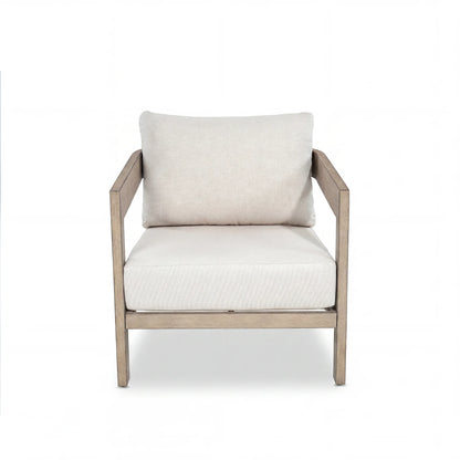 Chair with white cushion and wooden frame on a white background