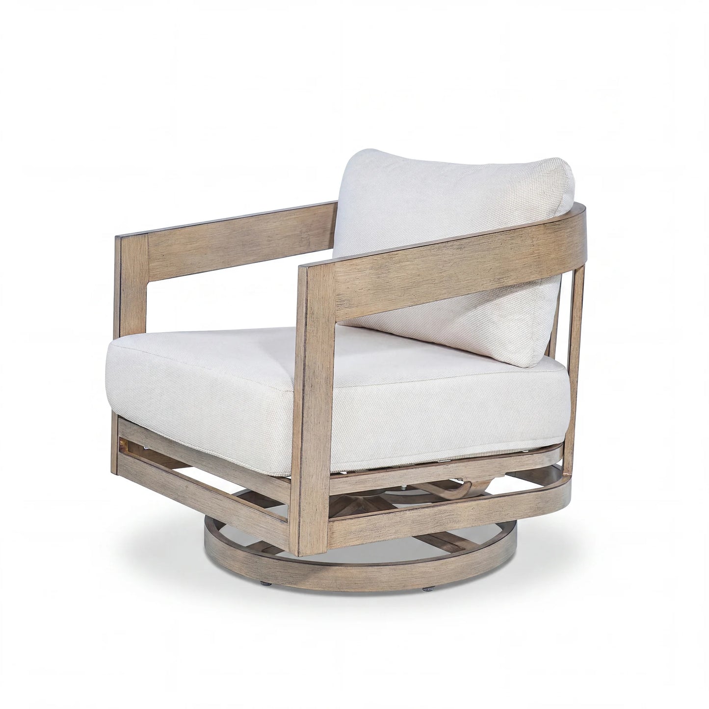 Wooden swivel chair with white cushions on a white background