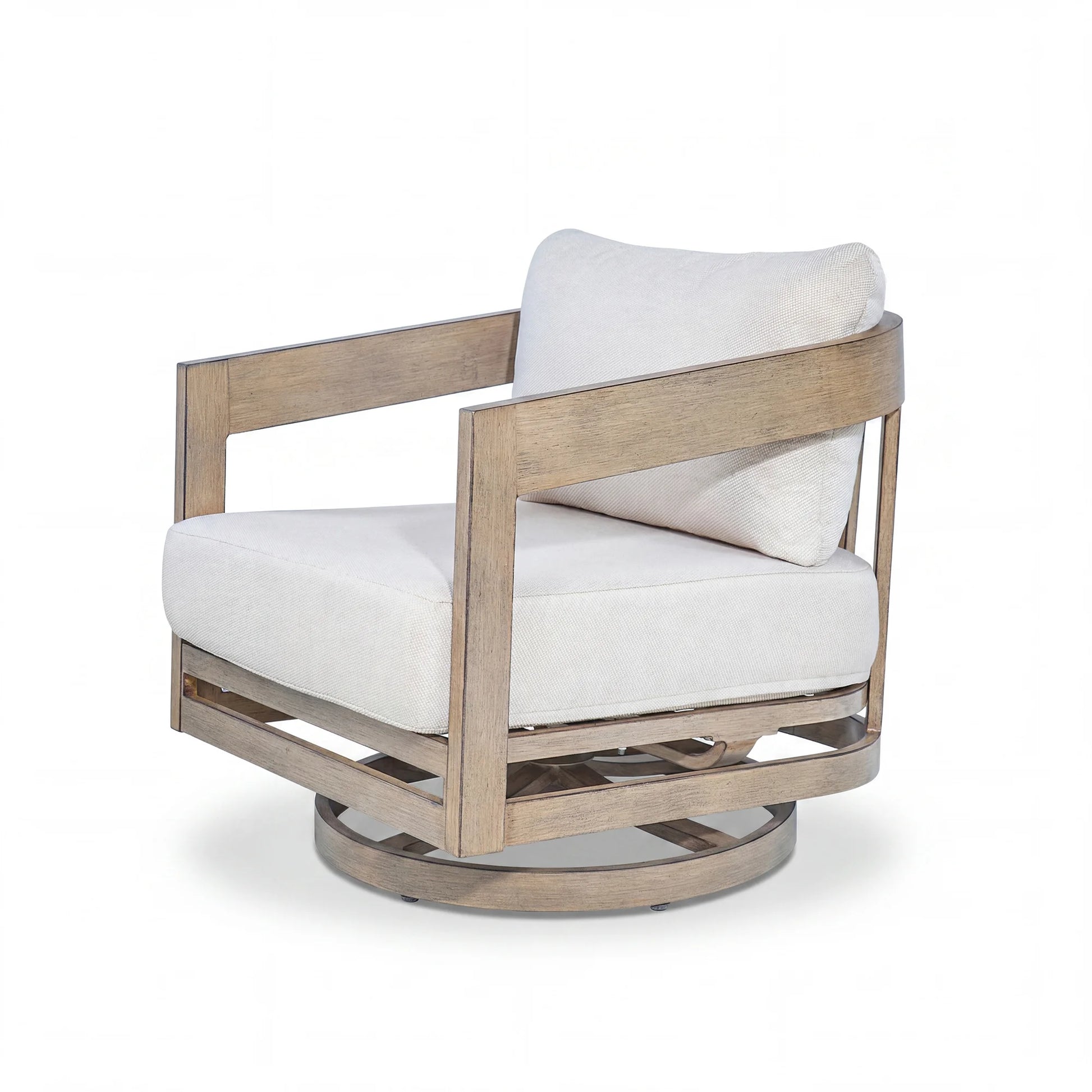 Wooden swivel chair with white cushions on a white background
