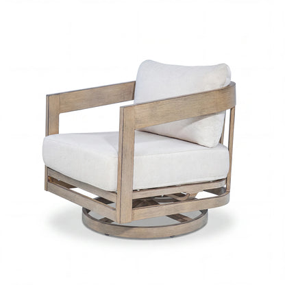 Wooden swivel chair with white cushions on a white background