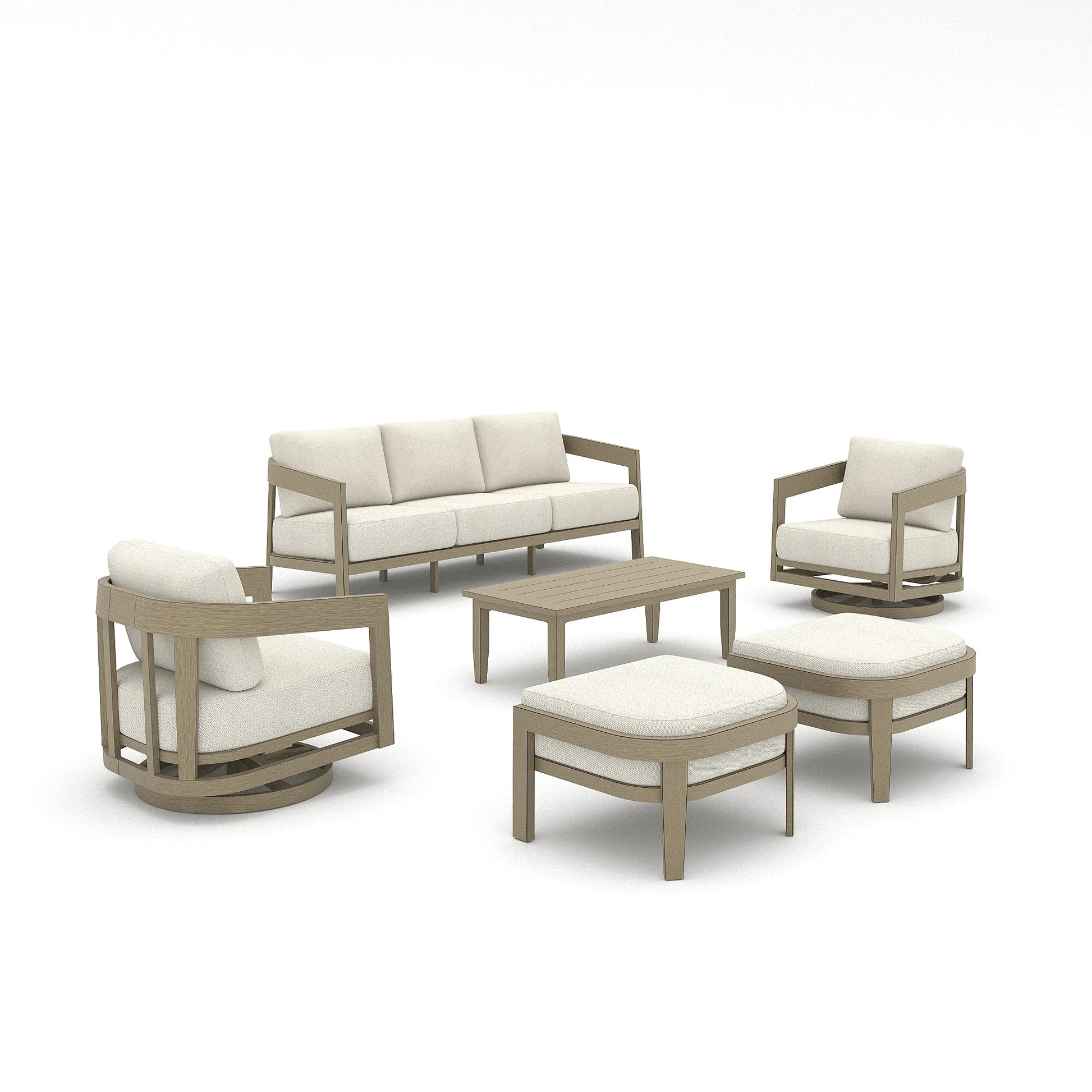 Outdoor furniture set with beige frames and white cushions on a white background