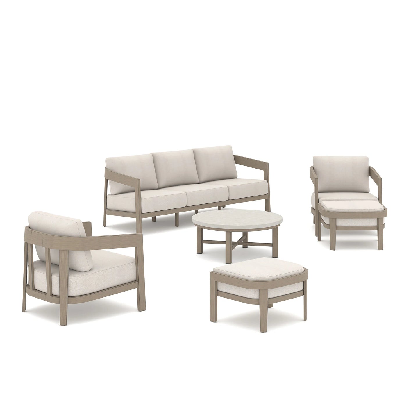 Outdoor furniture set with sofa, chairs, and ottoman on a white background